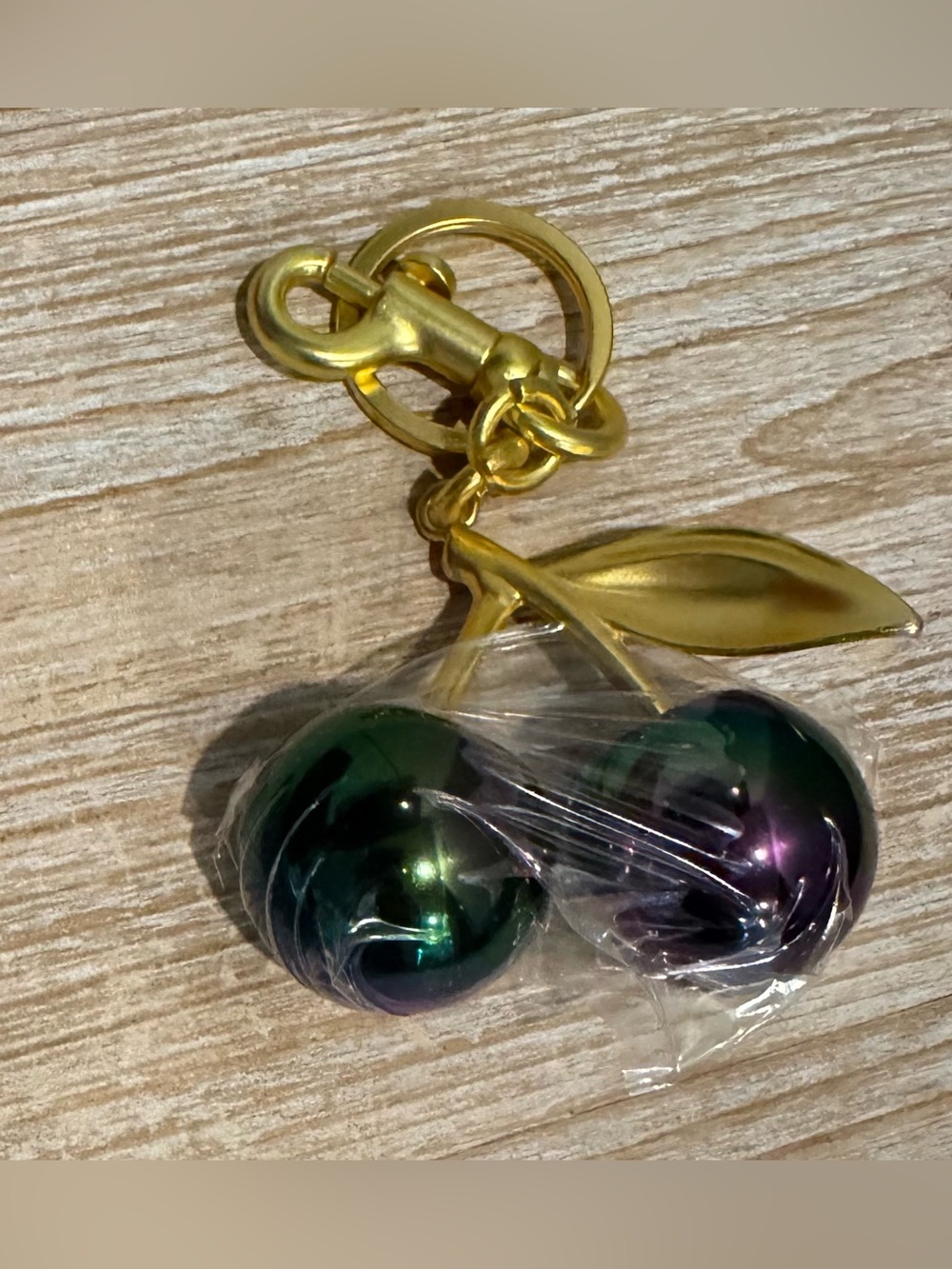 Iridescent Green-Purple Cherry Gold-Tone Keychain or Bag Charm